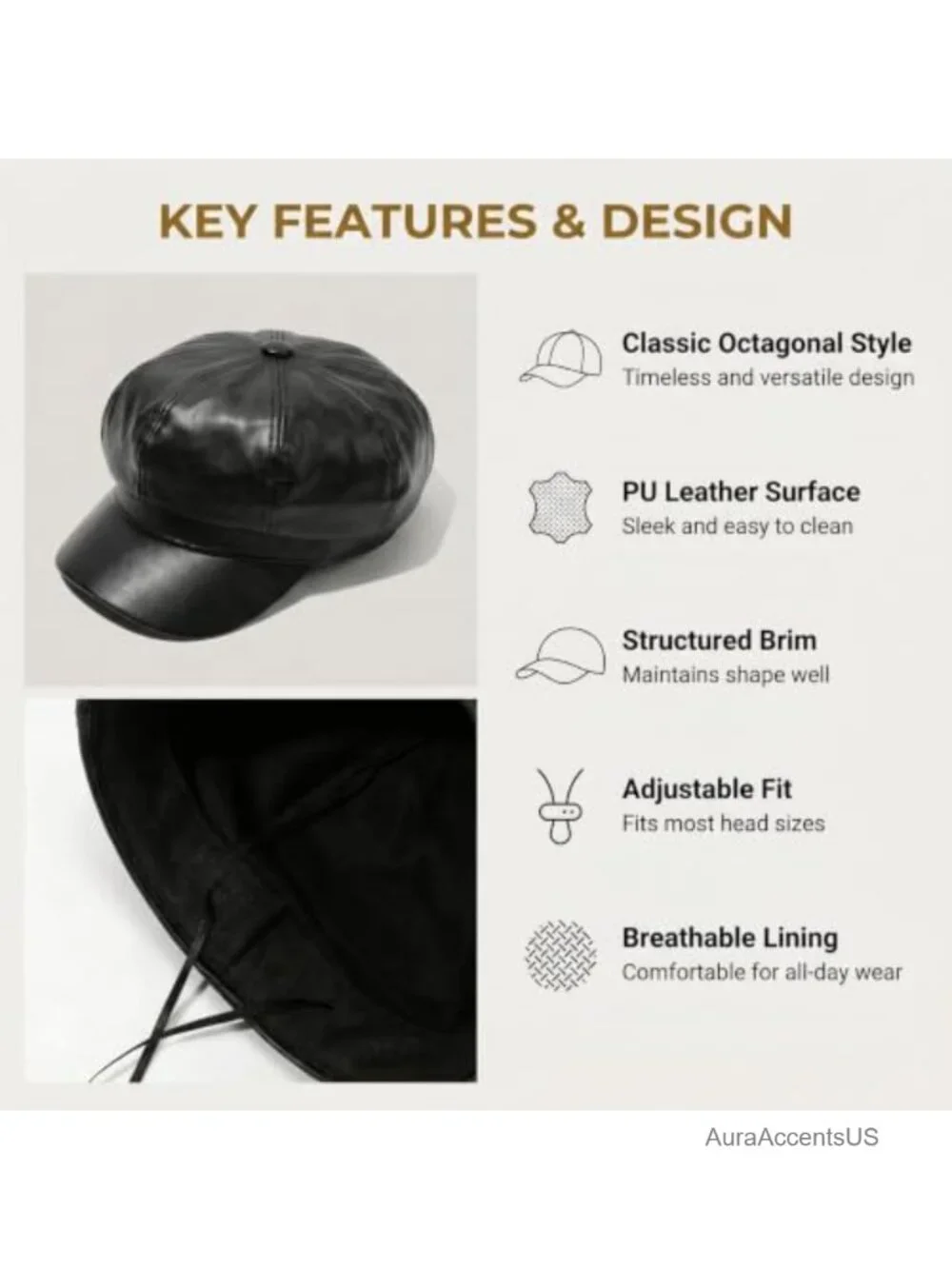 Women PU Leather 8 Panel Newsboy Cap Cabbie Painter Beret Hat